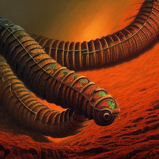 Image similar to photorealistic centipede thomas the train in the style of michael whelan and gustave dore. hyperdetailed photorealism, 1 0 8 megapixels, amazing depth, glowing rich colors, powerful imagery, sinister overtones, 3 d finalrender, 3 d shading, cinematic lighting, artstation concept art