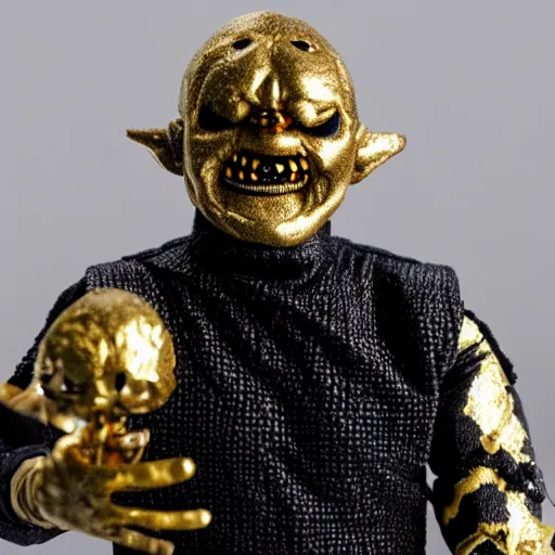 Prompt: Photo of an Evil moon-face action figure, japanese action figure, horror, gold and black color scheme