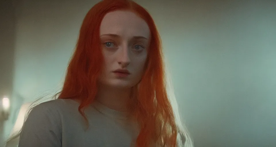 Prompt: Sophie Turner in Hereditary (2018) high contrast lighting, night scene, blue and orange palette, film still