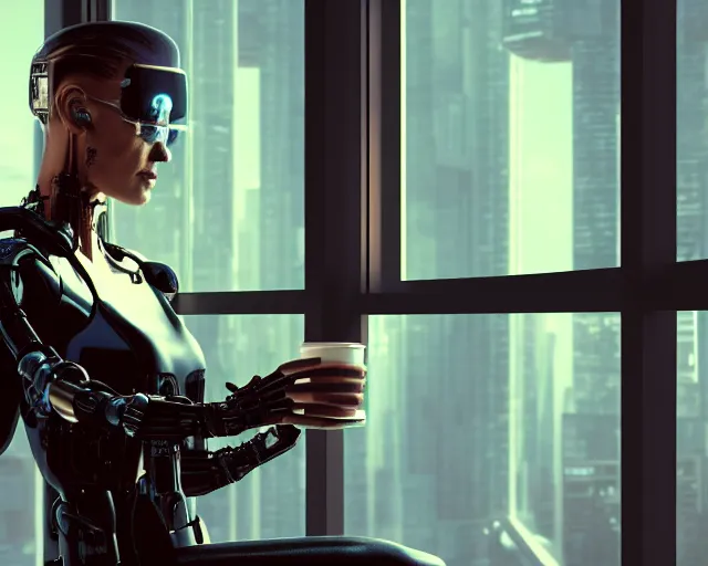 Image similar to a terminator cyborg lady with borg implants and optical fibers is drinking coffee near a window with dystopian city visible outside. very detailed 8 k. cyberpunk style. unreal engine render. global illumination. nanite. rtx. path tracing.