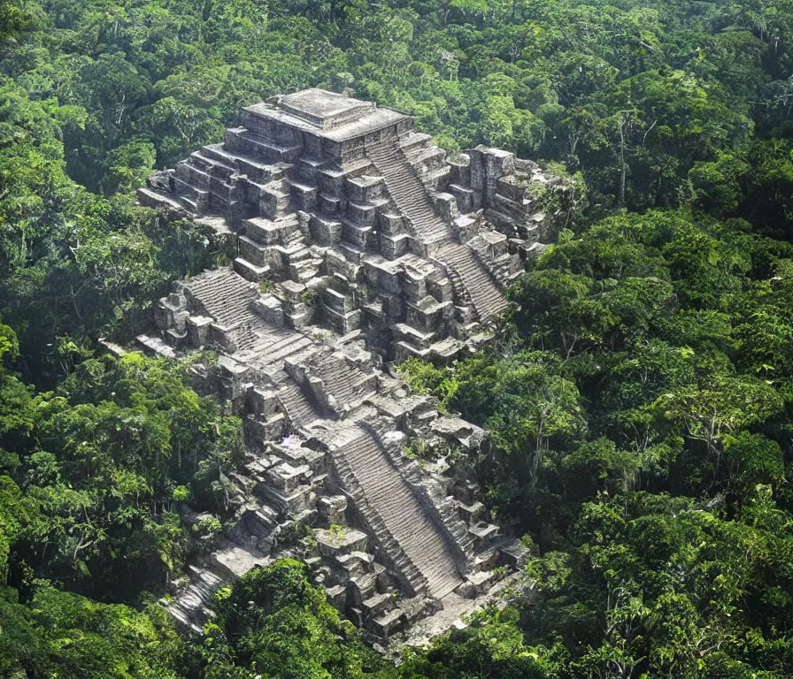 Image similar to a spectacular imax view of the beautiful ruins of a mayan temple in the jungle forest of yucatan, art by federico pelat and greg rutkowski and james gurney, hyperrealism