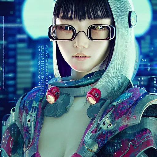 Prompt: centered portrait of a slight happy cyberpunk 3D beautiful Japanese girl in kimono robotic armor, hyperdetailed eyes, soulful eyes, beautiful eyes, soulful irises, digital painting, trending on Artstation, robotic glasses, cyberpunk cyborg, CG society, hyperdetailed, digital painting, hypermaximalist, golden ratio, volumetric, octane render, weta digital, micro details, 3d sculpture