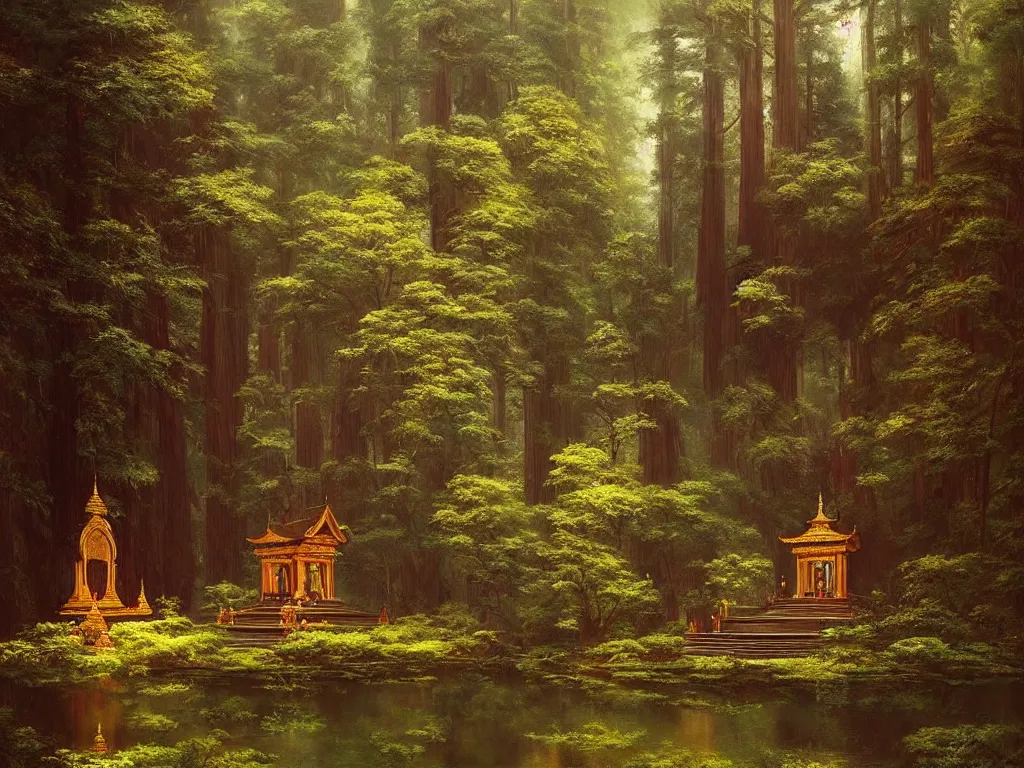 Image similar to a beautiful buddhist sanctuary in a redwood forest, art by albert bierstadt and greg rutkowski, hyperrealism, peaceful ☸ 🕉