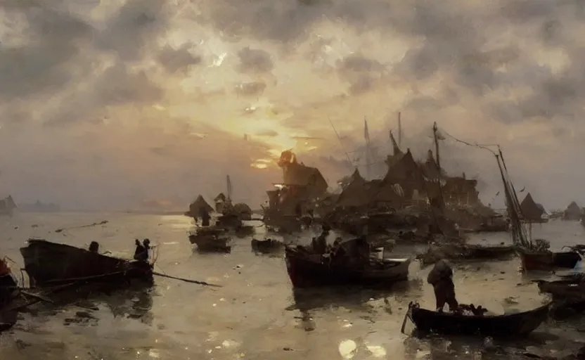 Image similar to scientific oil painting of fishing village by anders zorn, wonderful art by greg rutkowski, incredible lighting, shadows, beautiful cinematic light