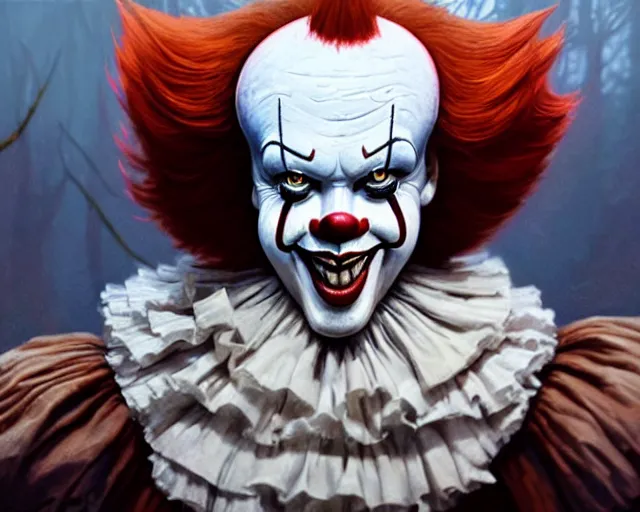 Image similar to highly detailed portrait of pennywise the dancing clown, in gta v, stephen bliss, unreal engine, fantasy art by greg rutkowski, loish, rhads, ferdinand knab, makoto shinkai and lois van baarle, ilya kuvshinov, rossdraws, tom bagshaw, global illumination, radiant light, detailed and intricate environment