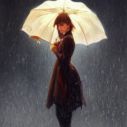 Prompt: portrait of a young woman holding an umbrella, raining, at night, looking sad, intricate, headshot, highly detailed, digital painting, artstation, concept art, sharp focus, cinematic lighting, illustration, art by artgerm and greg rutkowski, alphonse mucha, cgsociety