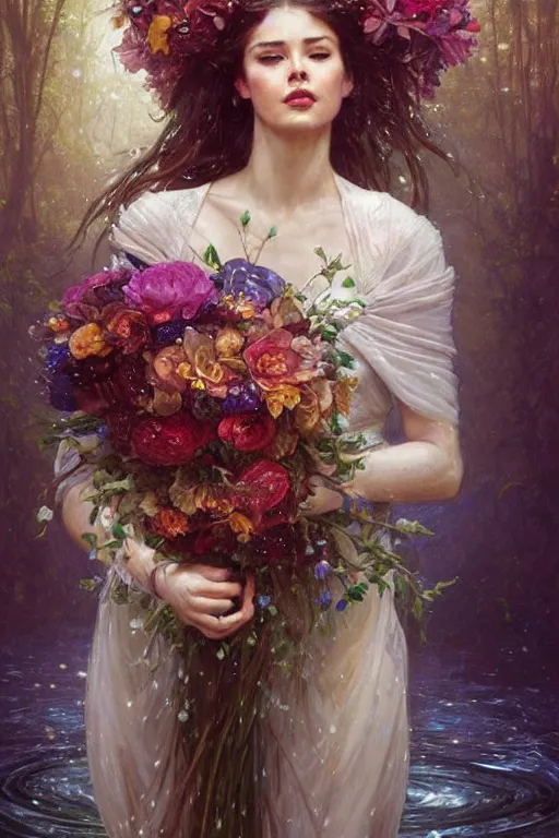 Image similar to portrait of a beautiful mysterious woman holding a bouquet of flowing flowers, wet dripping long hair, hands hidden under the bouquet, emerging from the water, fantasy, regal, intricate, by stanley artgerm lau, greg rutkowski, thomas kindkade, alphonse mucha, loish, norman rockwell