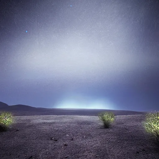 Image similar to a desert composed by black metallic rock, some blue electrical arches going through the air in a black sky, moonless night, cinematic, high quality, 1 6 k, breathtaking quality, detailed, hyperealistic, dreamy, fantasy digital art