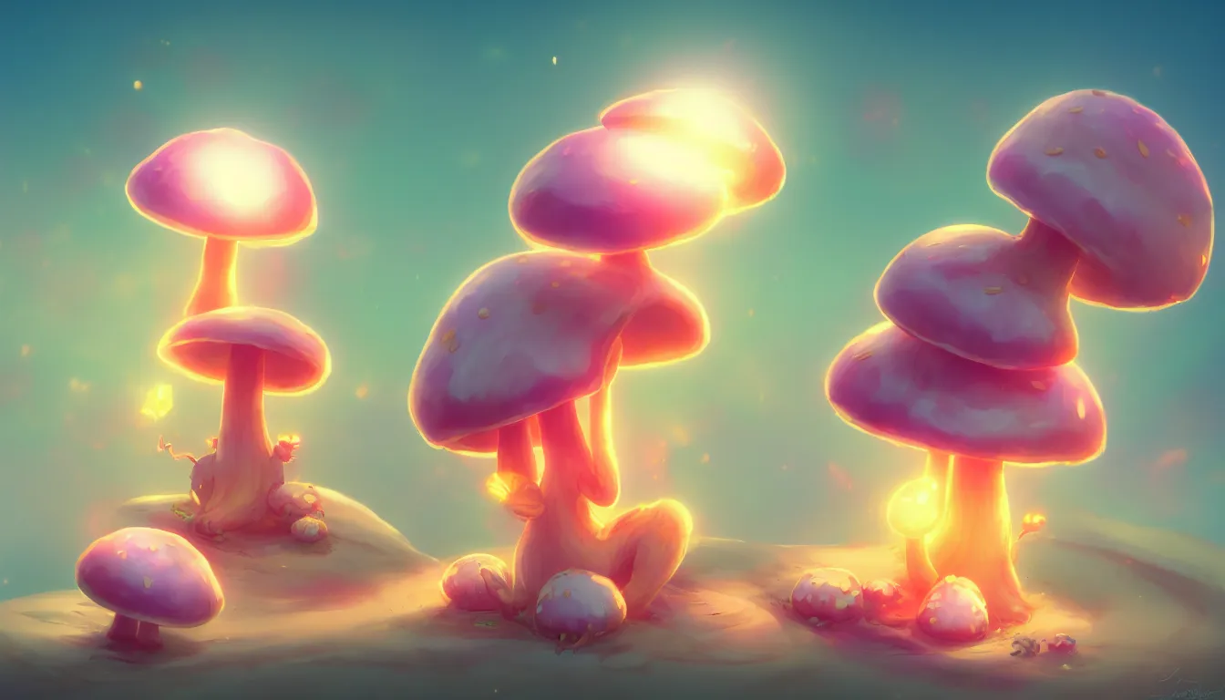 Image similar to concept art for a cute thicc mushroom creature, anime style, golden hour, lens flare, pastel pink glow, sitting on the beach | | epic - fine - clean, polished, trending on artstation, brush strokes