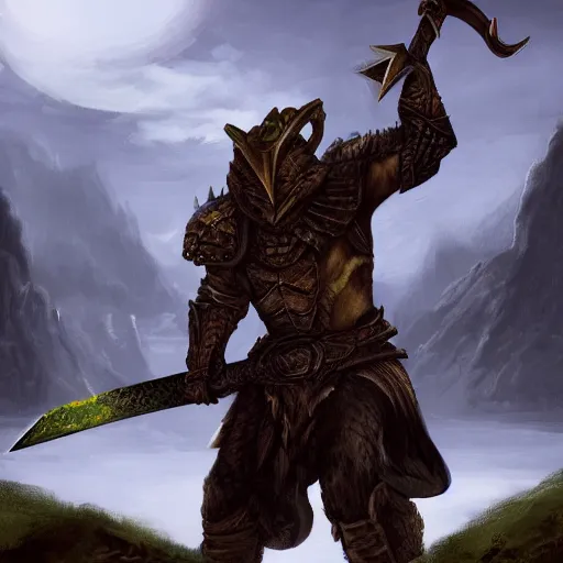 Image similar to dragonborn holding a sword, fantasy, landscape, dnd