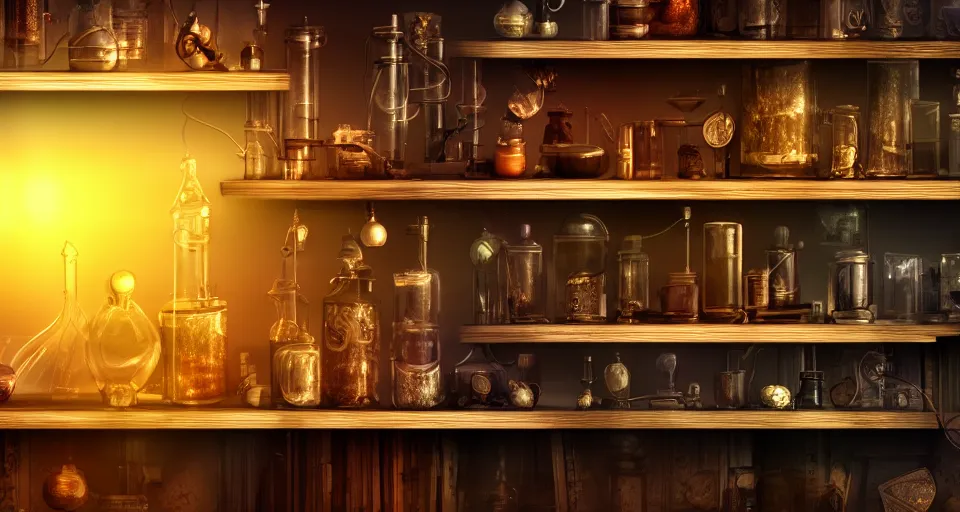 Image similar to a shelf of wonderful magical experiments, cinematic lighting, detailed, beautiful colors, ornate 4 k