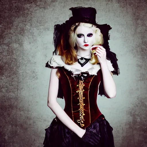 Image similar to A beautiful portrait of a lady vampire, steampunk, photography, 35mm, soft light, cinematic, klimt