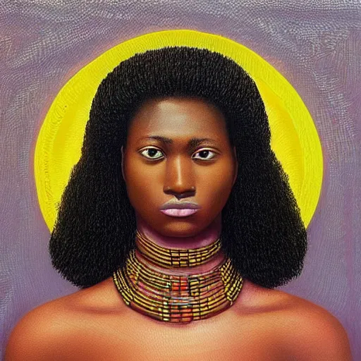 Image similar to “sango God of thunder plaited beads hair cowry Nigerian lightning facial details proportionate dark skinned symmetrical digital art oil painting Edward hooper”