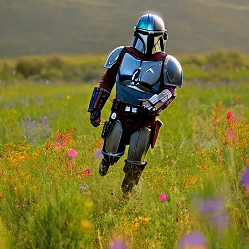 Image similar to mandalorian skipping through field of wildflowers, stunning cinematography, light diffusion