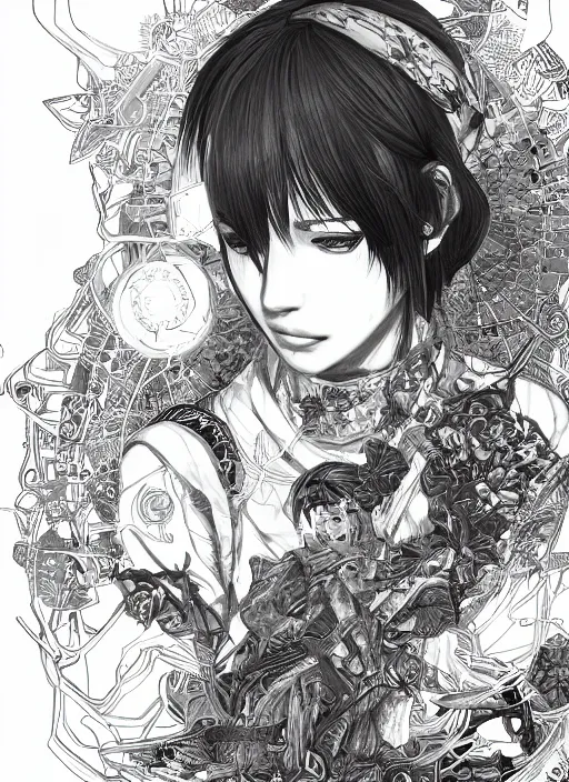 Image similar to portrait of mikasa, an ultrafine detailed illustration by james jean, intricate linework, bright colors, final fantasy, behance contest winner, vanitas, angular, altermodern, unreal engine 5 highly rendered, global illumination, radiant light, detailed and intricate environment