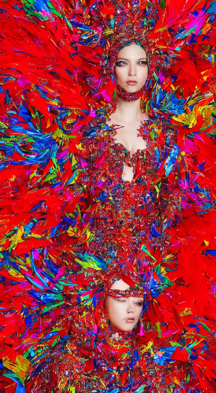 Image similar to a female character design wearing psychedelic high fashion, a red sequined bodysuit, beads hanging over her face like an alexander mcqueen headdress, costume by eiko ishioka, haute couture, dior, and a red cape by moebius, steven outram, colorful and psychedelic, hd, 8 k, artstation, high quality, ultra detailed