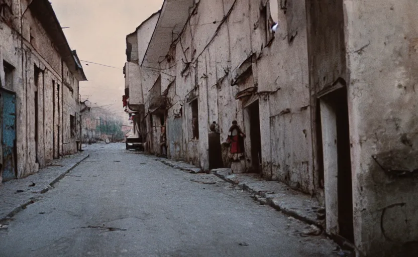 Prompt: movie still of a soviet street from Sarajevo in 1960s , Cinestill 800t 18mm