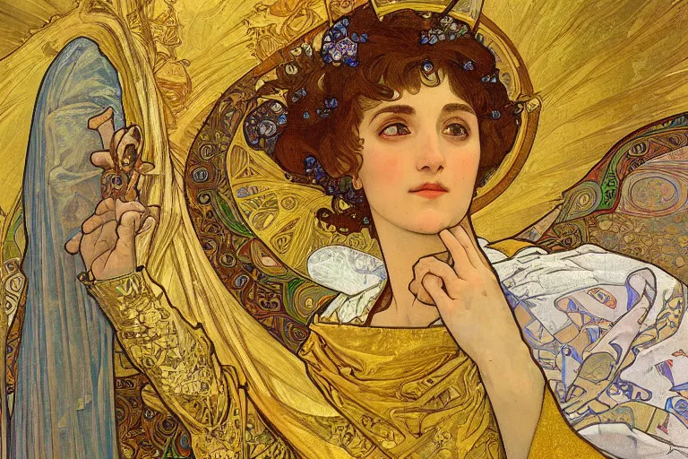 Image similar to the annunciation oil painting cross between the styles of alphonse mucha and gustav klimt gold leaf, intricate detailed,