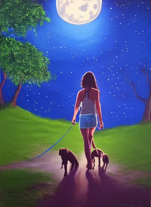 Prompt: young brown woman walking her dog in a park at night with a full moon, ceiba trees, acrylic painting, photoreal, fantasy