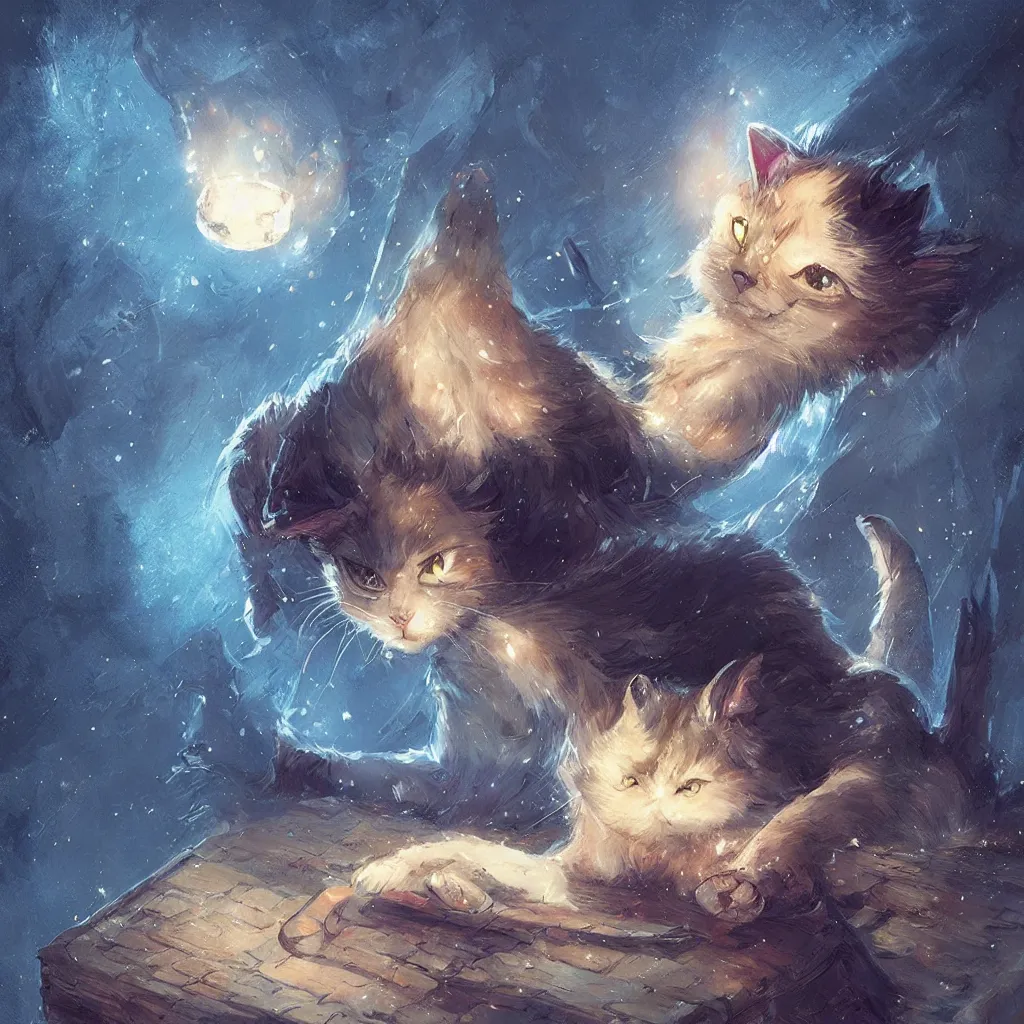 Prompt: anime cat with cloak laying on a magical wood carved chair, super powers, glowing tiny blue lines, concept art, by greg rutkowski, overdetailed art