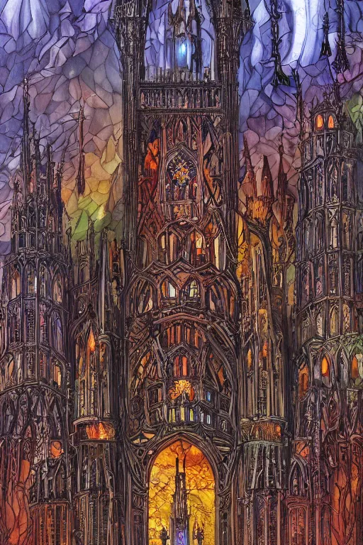 Prompt: an elaborate surreal tower of dark gothic stone castles with stained glass and flying buttresses, red and purple coloring, illustration by Ayami Kojima, stark lighting, 4k