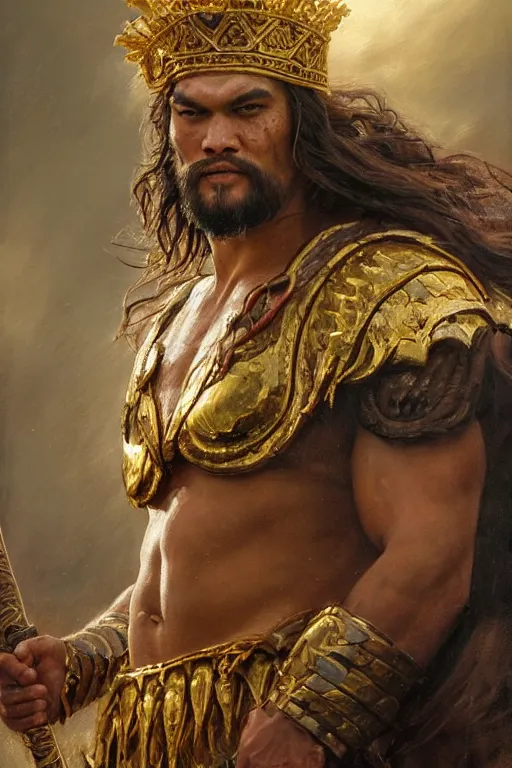 Prompt: beautiful closeup portrait oil painting, jason momoa conan the barbarian wearing a golden wreath crown in royal crimson spartan armor enthroned as the god emperor of ancient rome, mid - shot, by anders zorn, wonderful masterpiece by greg rutkowski, beautiful cinematic light, american romanticism, by thomas lawrence, greg rutkowski