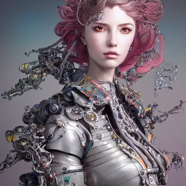 Image similar to the portrait of true neutral semi - colorful female cyborg mechanist as absurdly beautiful, gorgeous, elegant, young woman looking up, an ultrafine hyperdetailed illustration by kim jung gi, irakli nadar, intricate linework, bright colors, octopath traveler, final fantasy, unreal engine 5 highly rendered, global illumination, radiant light, detailed and intricate environment