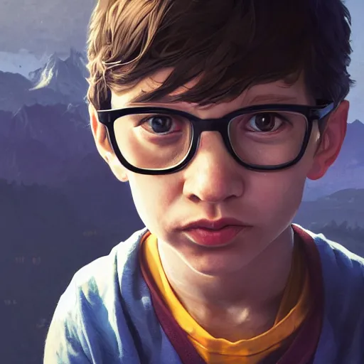 Image similar to highly detailed portrait kid milhouse from the simpsons, in gta v, stephen bliss, unreal engine, fantasy art by greg rutkowski, loish, rhads, ferdinand knab, makoto shinkai and lois van baarle, ilya kuvshinov, rossdraws, tom bagshaw, global illumination, radiant light, detailed and intricate environment