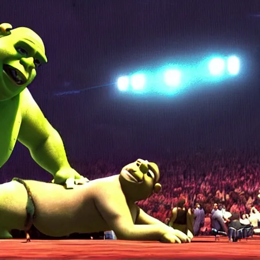 Image similar to shrek vs andre the giant at wrestlemania 8, dramatic lighting, intense battle 8k