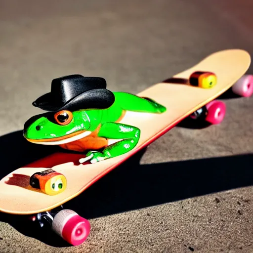 Prompt: a frog wearing a cowboy hat and riding a skateboard