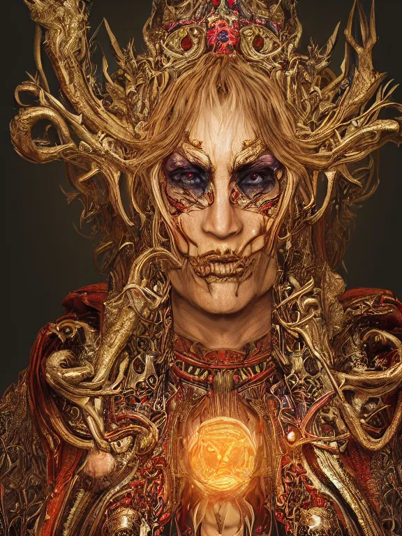 Image similar to portrait art of 8k ultra realistic lich wizard , detailed intricate ornate robe, full of colour, cinematic lighting, trending on artstation, 4k, hyperrealistic, focused, extreme details,unreal engine 5, cinematic, masterpiece, art by ayami kojima, giger