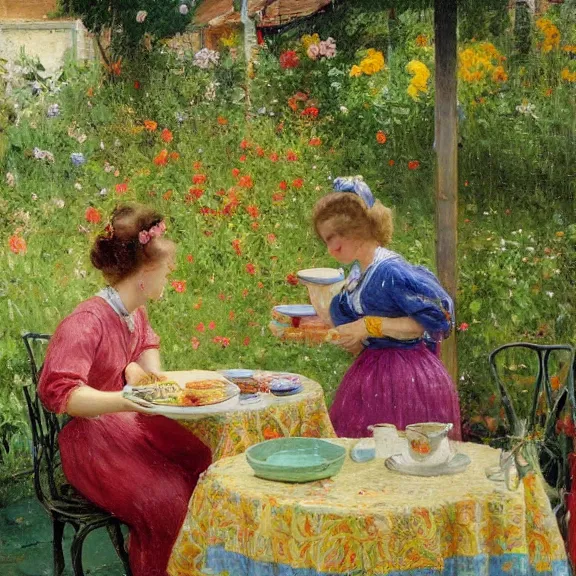 Image similar to a housewife and her daughter putting dishes on a table in the backyard, a tilted parasol sits above the table, a garden with colorful flowers in the background, rainy scene, 1 9 5 0's, medium symmetry, by ilya repin, extreme detail, 8 k, intricate abstract, photorealistic