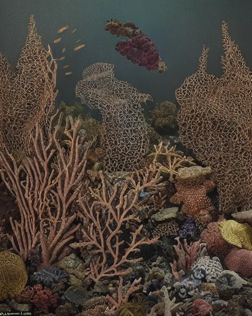 Image similar to a coral reef, made of intricate decorative lace leaf skeleton, in the style of the dutch masters and gregory crewdson, dark and moody