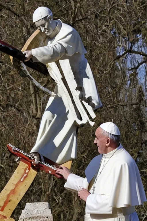 Prompt: the pope cutting a statue of jesus on the cross with a chainsaw