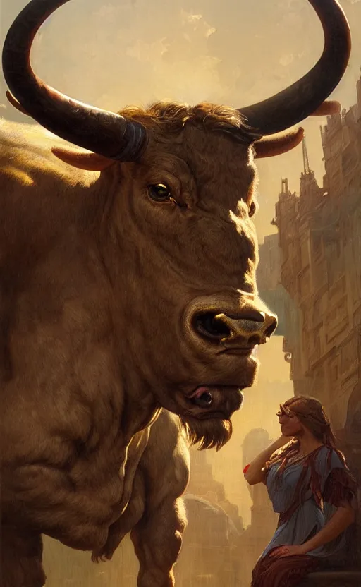 Image similar to a detailed portrait of minotaur, monster half child half bull, concept art, deep focus, intricate, highly detailed, digital painting, artstation, matte, sharp focus, illustration, art by greg rutkowski and alphonse mucha