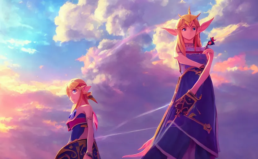 Prompt: Princess Zelda, anime painting, 3d render, hyper realistic, dramatic lighting, the sky is a nebula on fire, 8k hdr pixiv dslr photo by Makoto Shinkai ilya kuvshinov and Wojtek Fus, digital art, concept art,