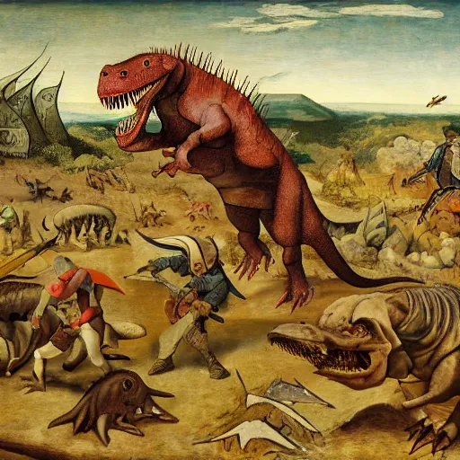 Image similar to adventurers battling a tyrannosaurus, in the style of pieter bruegel