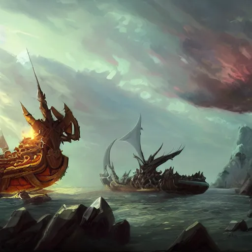 Image similar to arcane style viking battleship, viking cannons, viking spears and axes. spear and axes, sea background, bright art masterpiece artstation. 8 k, sharp high quality artwork in style of greg rutkowski, concept art by tooth wu, blizzard warcraft artwork, hearthstone card artwork