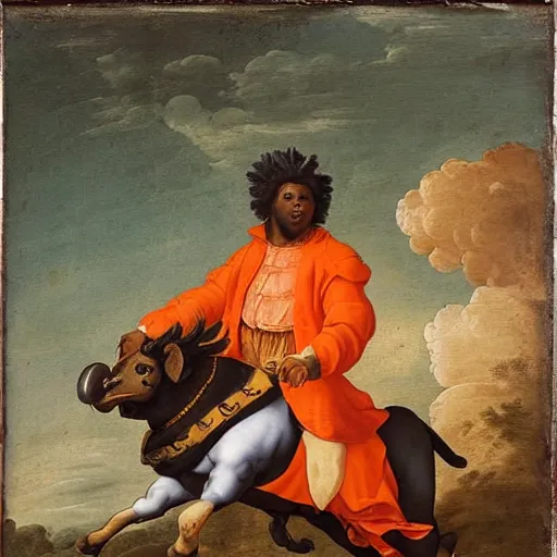 Image similar to photograph of a black man with afro hair wearing an army green adidas jacket riding an orange colored bull!!, renaissance style painting