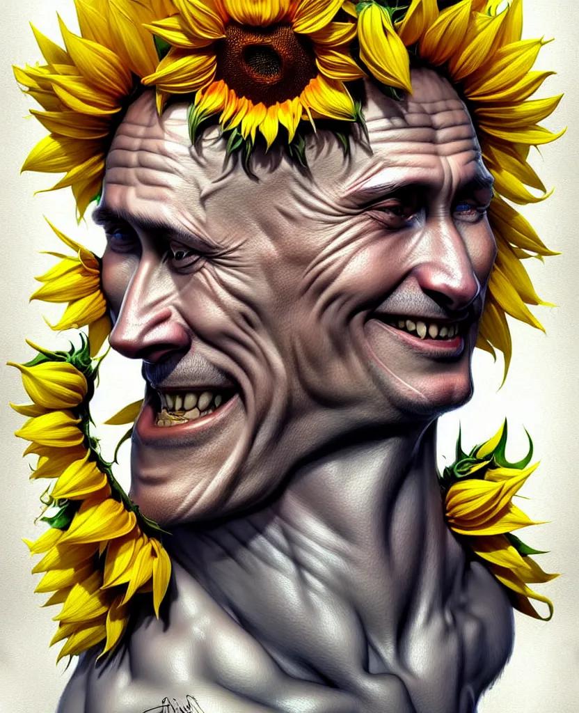 Image similar to digital art, centered full body of Putin smiling king, Sunflower crown, ,intricate, veins, by James Jean and by artgerm , by ross tran ultradetailed, charachter design, concept art, trending on artstation,