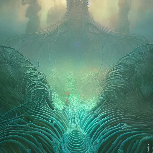 Prompt: breathtakingly detailed art nouveau ultrawide angle photo, alien ocean coral structures, closeup a humans energy field emitting bright glowing ripples, bizarre overgrown alien temple in background, vivid caustics, symmetry, very low angle shot, smoke rises from the coral reflections, by studio ghibli, peter mohrbacher, fenghua zhong, ruan jia