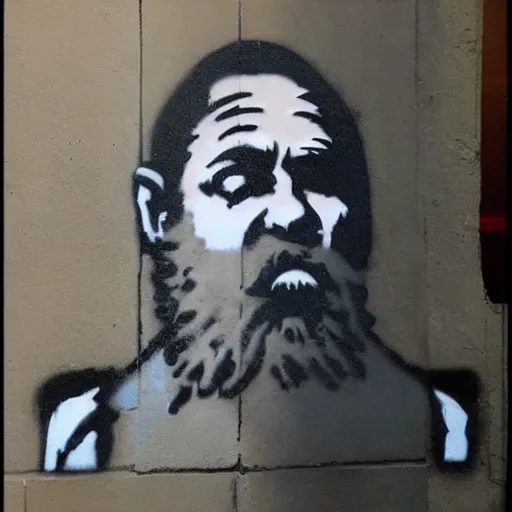 Image similar to banksy bearded graffiti, real life, sharp focus