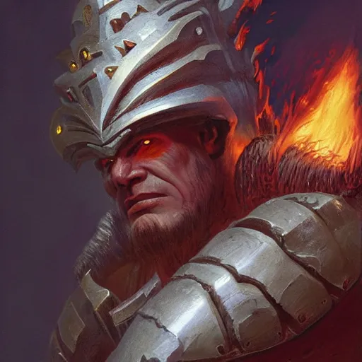 Image similar to head and shoulders portrait of a paladin fire giant, wreathed in flame, d & d, fantasy, greg rutkowski, frank frazetta, alexandre chaudret, boris vallejo, michael whelan, miro petrov, hr giger, magali villeneuve, donato giancola