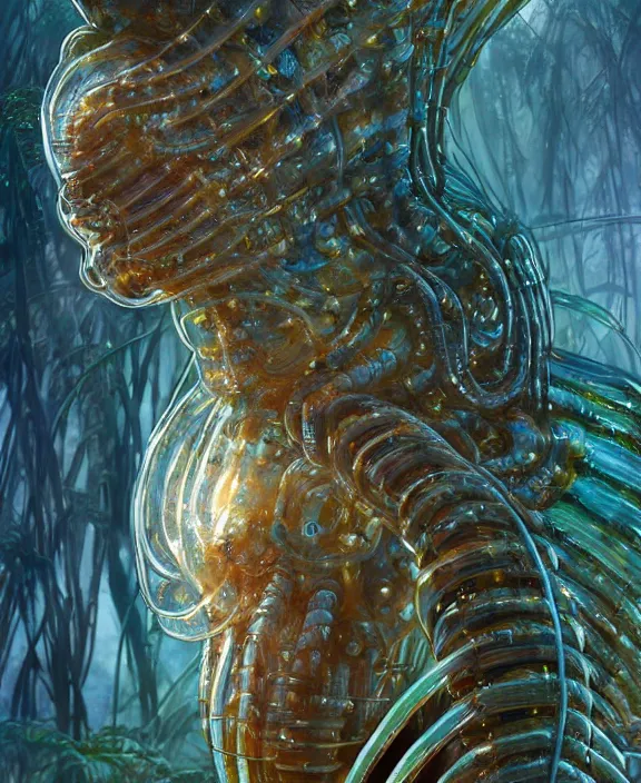 Image similar to opulent transparent clear see - through portrait of a terrifying beautiful male alien centipede robot, mottled coloring, adorable, childlike, overgrown biopunk jungle environment, ultra realistic, concept art, art nouveau, photorealistic, octane render, 8 k, unreal engine. art by christopher marley and artgerm and greg rutkowski and alphonse mucha