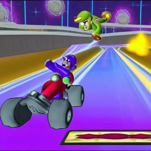Prompt: Thanos as a new character in Mario Kart Tour,gameplay screenshot,