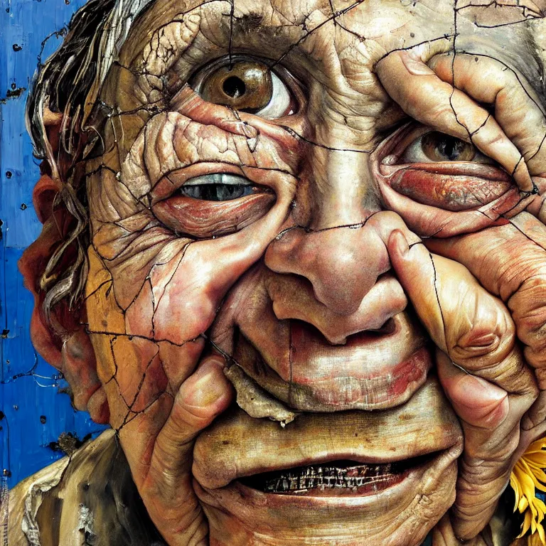 Image similar to an extreme close up portrait a very ordinary old woman with an happy expression, front angle, by Lucian Freud and Jenny Saville and Anselm Kiefer, oil painting, rust, Scaffolding, rusted metal and sunflowers, iron cladding, decay, mixed media, textured, anatomically correct, beautiful perfect face, visible brushstrokes, sharp focus, Highly Detailed, Cinematic Lighting, 8k, HD
