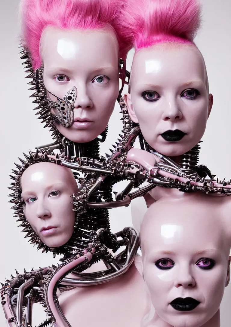 Image similar to portrait of a biomechanical goddess wearing a steel spikes studded iridescent beauty mask and pink hair buns, wearing a black bodysuit by alexander mcqueen, cream white background, soft diffused light, biotechnology, humanoid robot, perfectly symmetric, bjork aesthetic, translucent, by rineke dijkstra, intricate details, highly detailed, masterpiece,