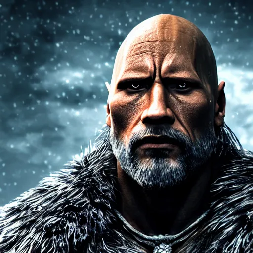 Image similar to a digital art close up portrait of pale demon dwayne johnson as ancient druid mage from dark souls, old witcher with long beard character sheet, 4 k, ultra detail, volumetric lighting, unreal engine, octane render