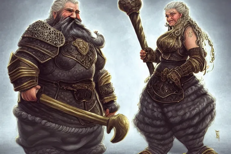 Prompt: elderly female feminine bearded dwarven heavyset fighter with curly long grey hairstyle, her full beard is long and plaited style, she has wrinkled skin and is wearing full black platemail armor with intricate slight gold trim by rossdraws, tryptic format