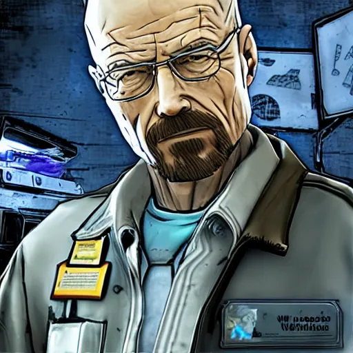 Image similar to Walter White as a Borderlands 2 character, drug dealer, game box cover art